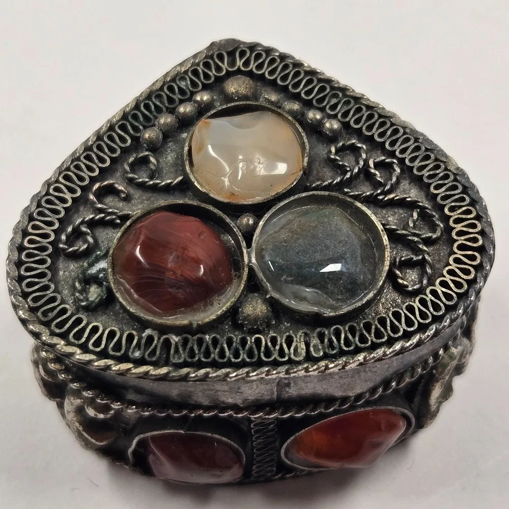 Tiny Vintage Indian Stone Trinket Box Mini Jewelry Ring Box Boho Decor